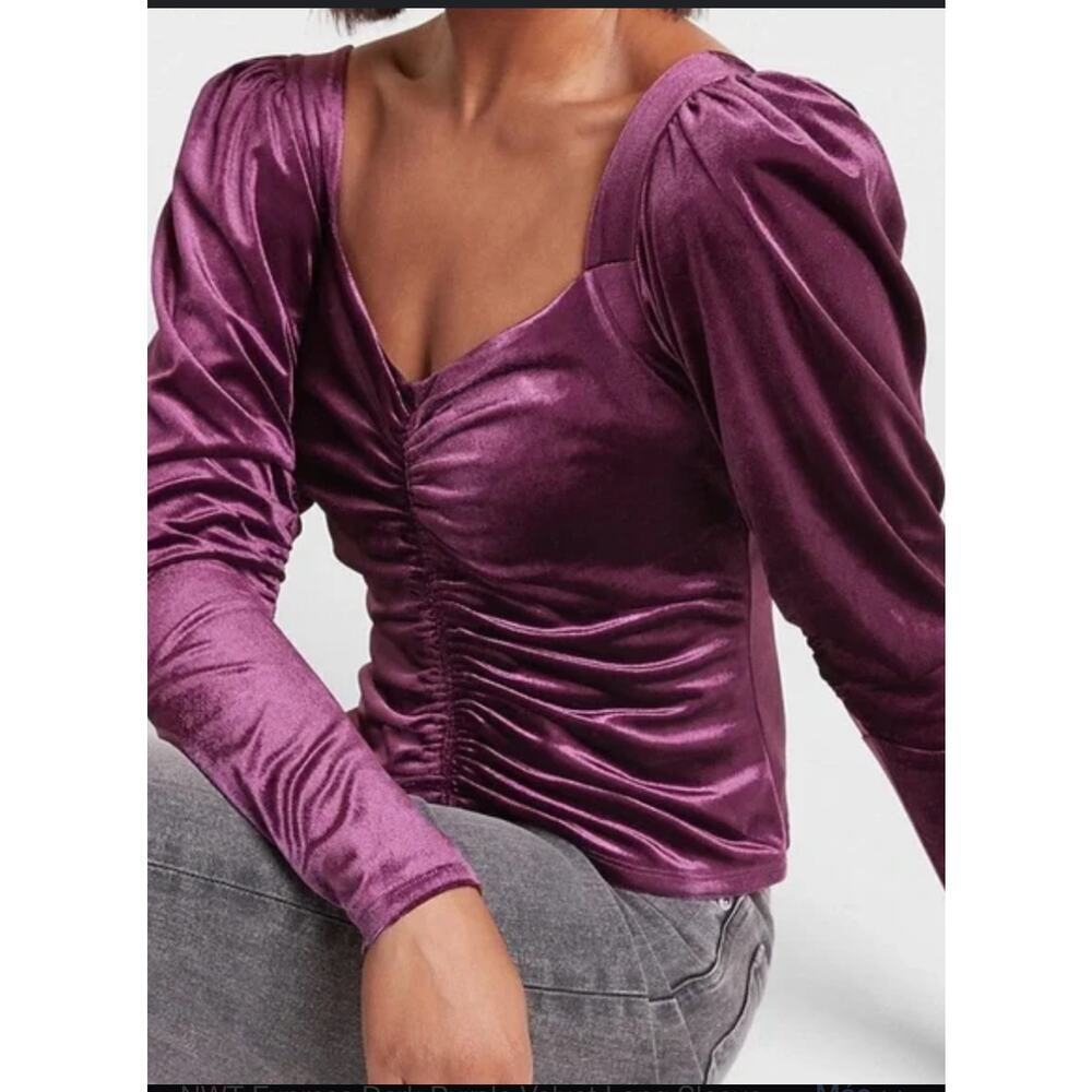 NWT Express Dark Purple Velvet Long Sleeve Blouse Top Ruched Front Women XSmall - Picture 2 of 7